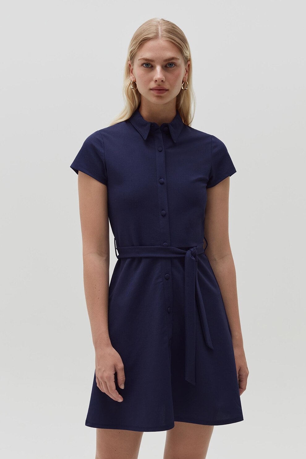 OVS, Rochie mini evazata cu guler ascutit, Bleumarin inchis
