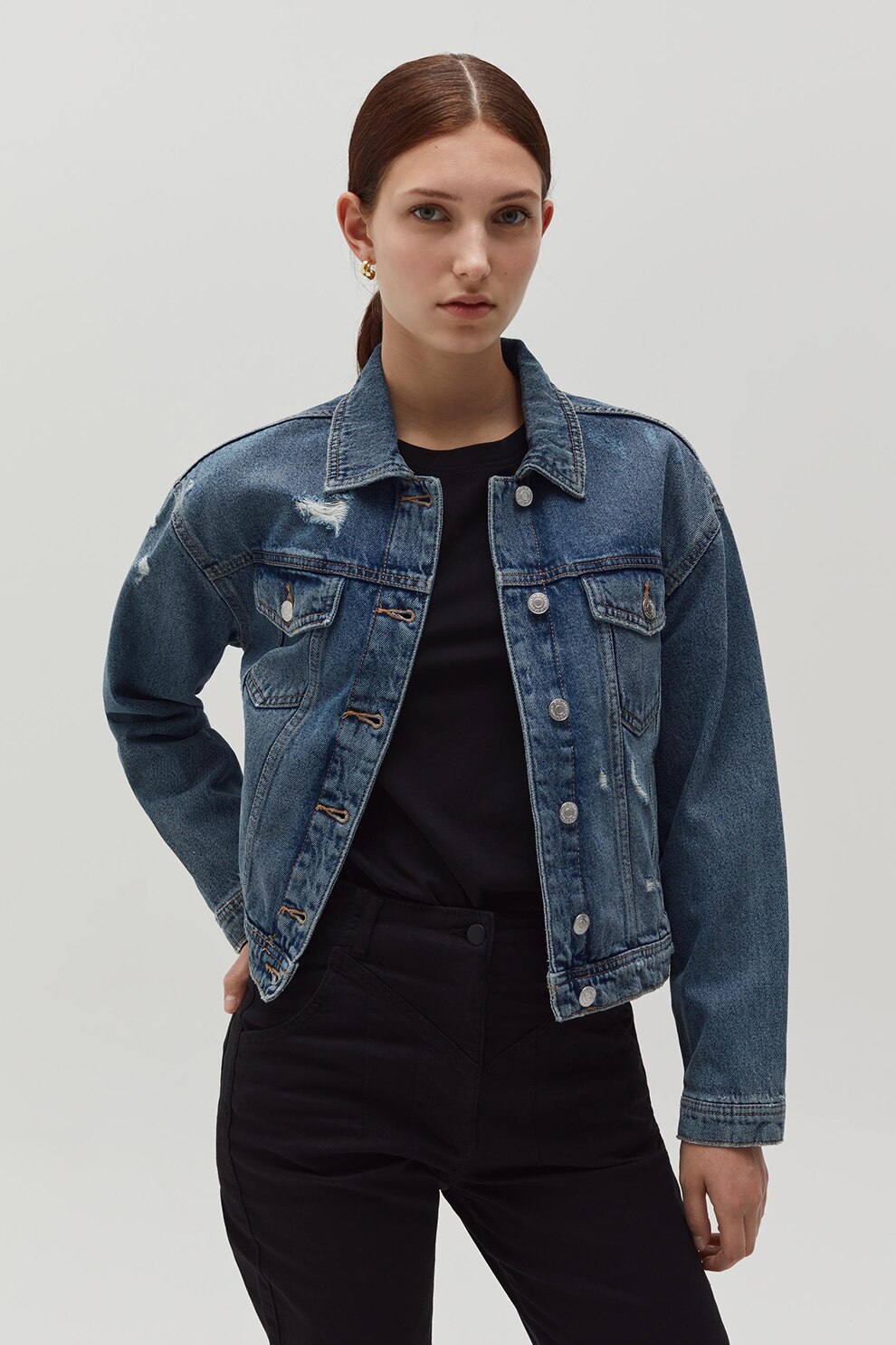 OVS, Jacheta din denim cu aspect deteriorat, Albastru inchis