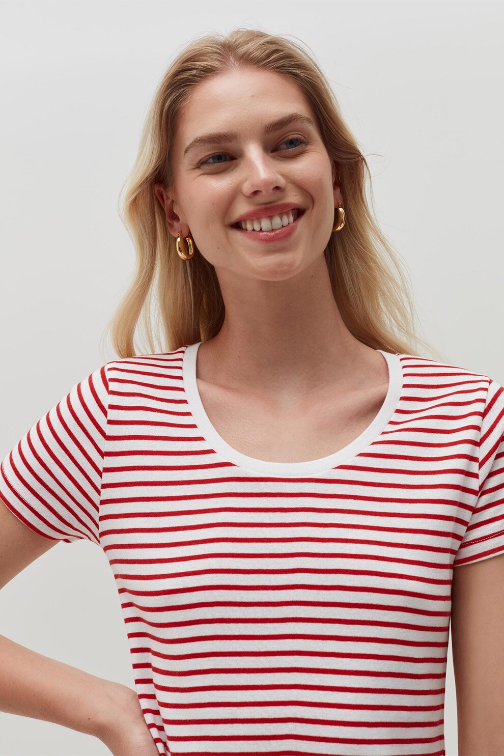 OVS, Tricou cu decolteu rotund si dungi, Alb/Rosu