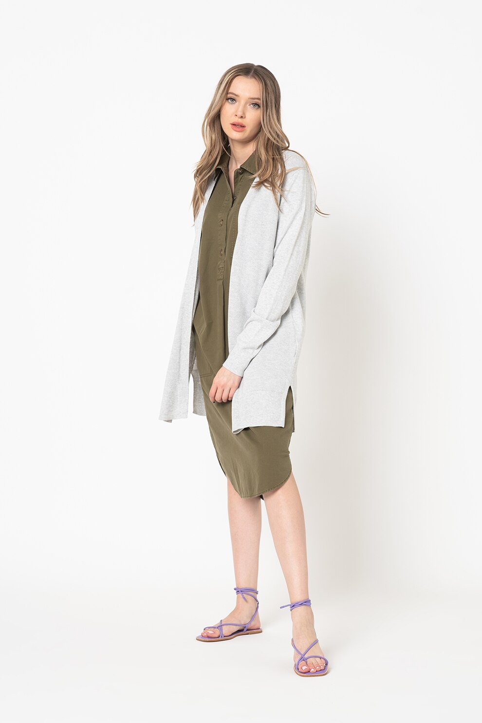 GAP, Cardigan lung fara inchidere cu detalii texturate, Gri melange