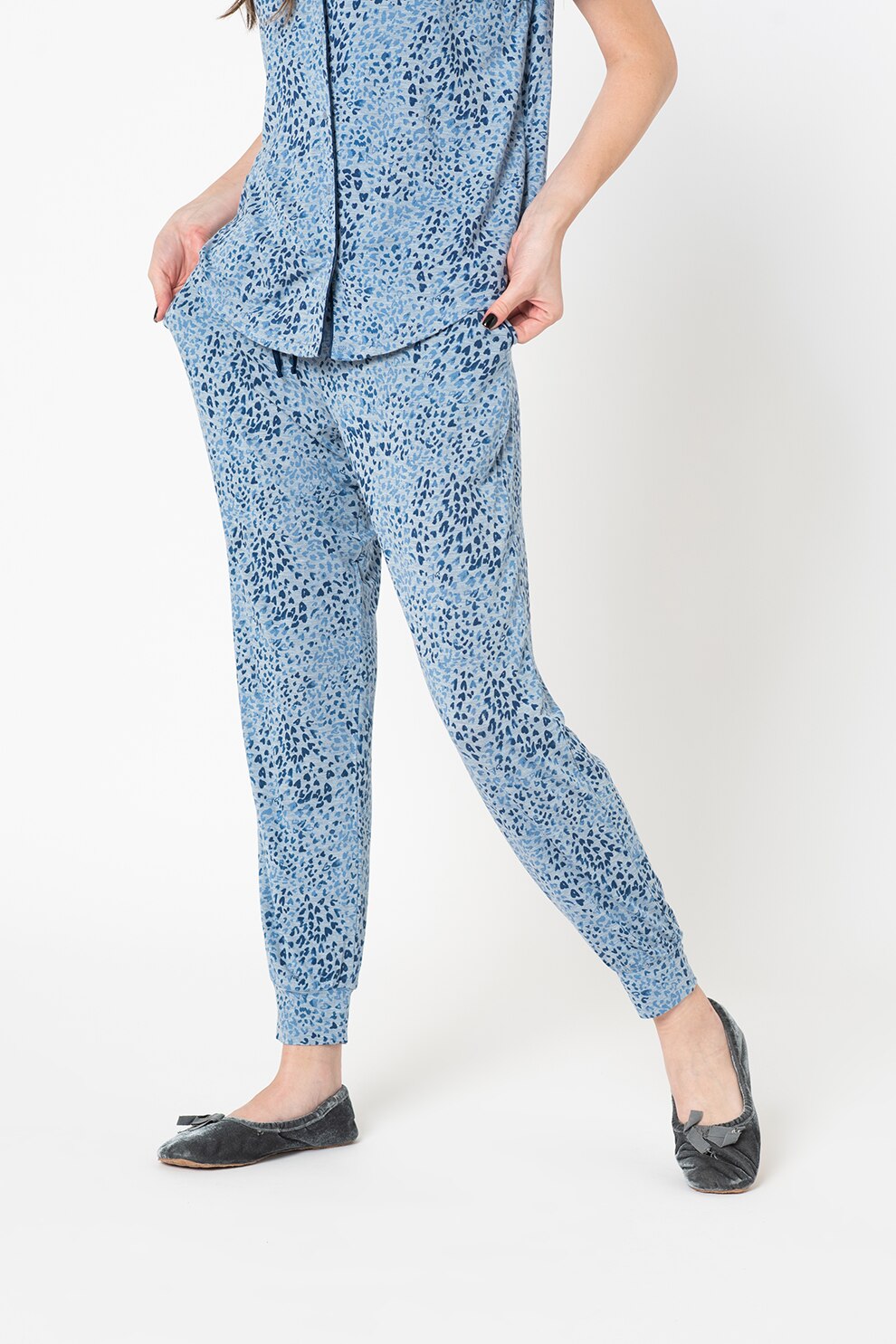 GAP, Pantaloni de pijama cu snur de ajustare si model cu inimi, Albastru azur