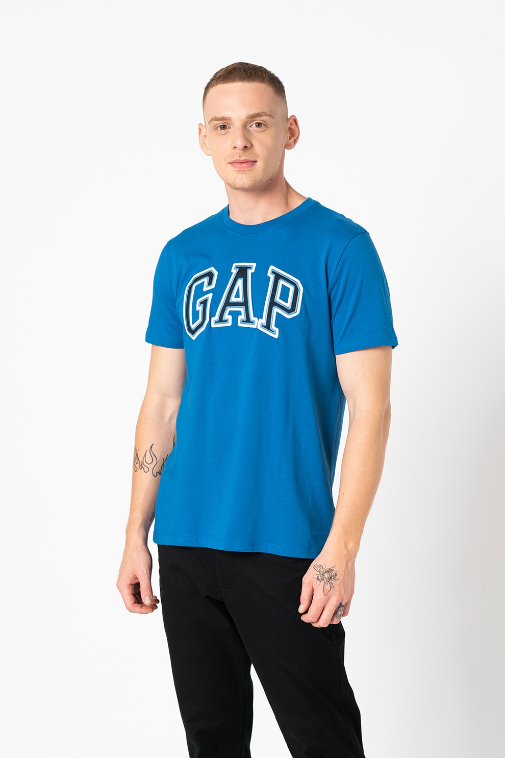 GAP, Tricou cu decolteu la baza gatului si logo brodat, Albastru royal