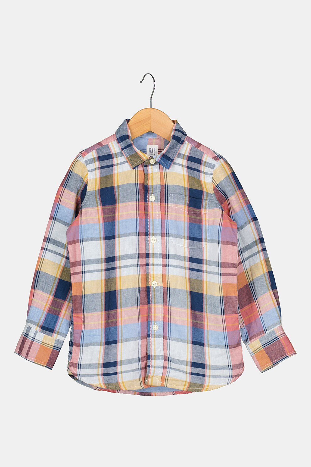 GAP, Camasa din bumbac cu model in carouri si buzunar pe piept, Albastru/Galben/Roz
