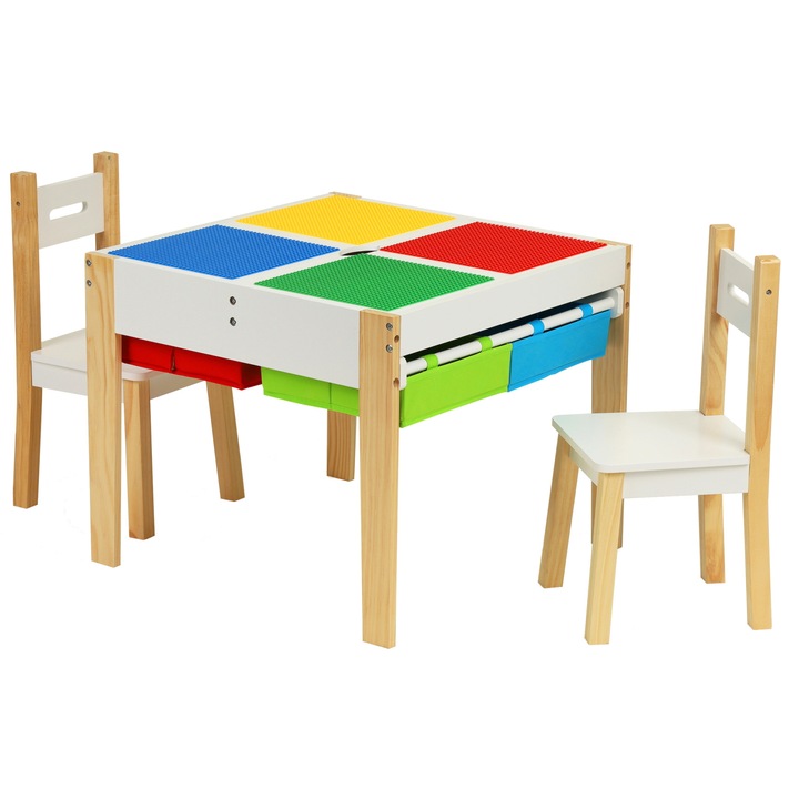 Set Masuta cu Scaune idealStore Funny Table, Blat MDF Detasabil, Masa Compartimentata, Picioare Solide din Pin, Scaune Confortabile, Rezistenta la Zgarieturi, Design Modern