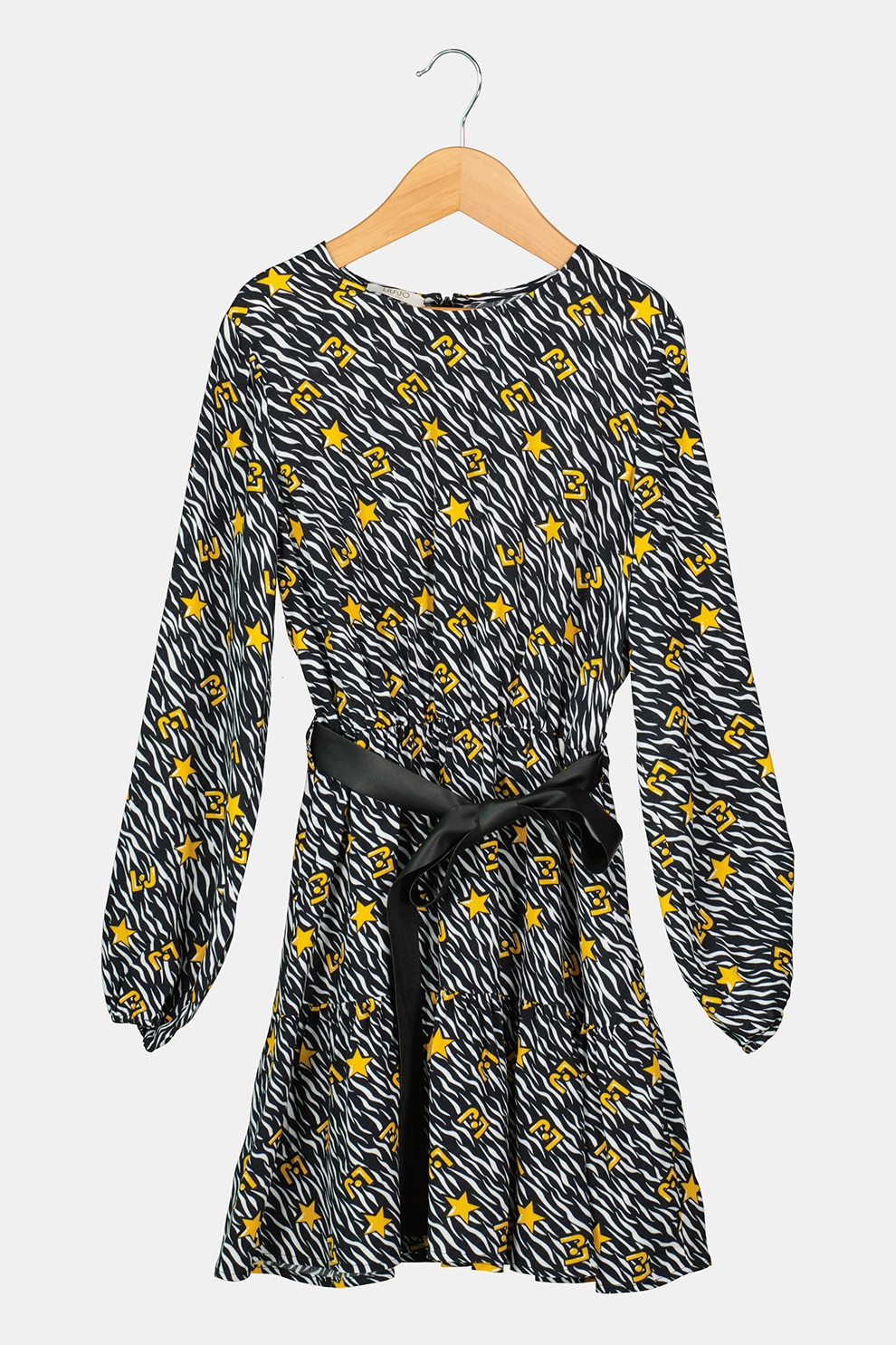 Liu Jo, Rochie evazata cu imprimeu si cordon, Negru/Alb/Galben