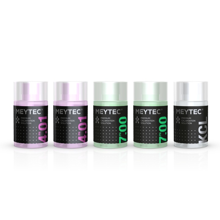 Set solutii intretinere piscina, Meytec, 4.01/6.86/9.18/KCL/H20, 5X60 ml