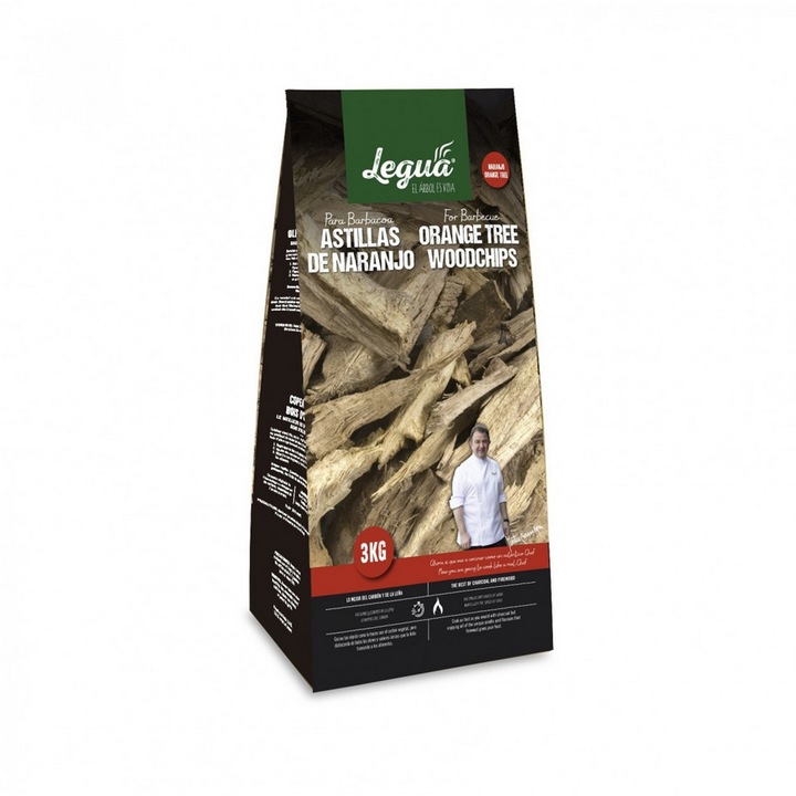 Aschii aromatizate din lemn uscat de Portocal Legua, la sac de 3 kg, pentru afumarea de carnuri moi, peste sau fructe de mare la gratar