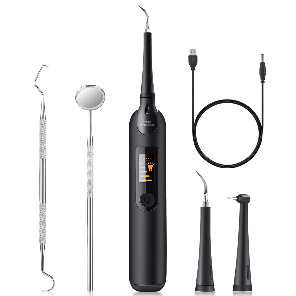 Set curatare dentara, pentru indepartarea depunerilor de tartru, 2 capete incluse, 5 moduri de functionare, waterproof, negru