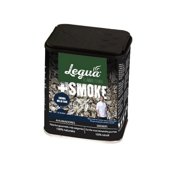 Rumegus pentru afumat din lemn de Stejar Legua +SMOKE -, la recipient de 160 ml, pentru aromatizarea prin afumare a produselor lactate, a preparatelor din carne rosie, vanat si peste gras