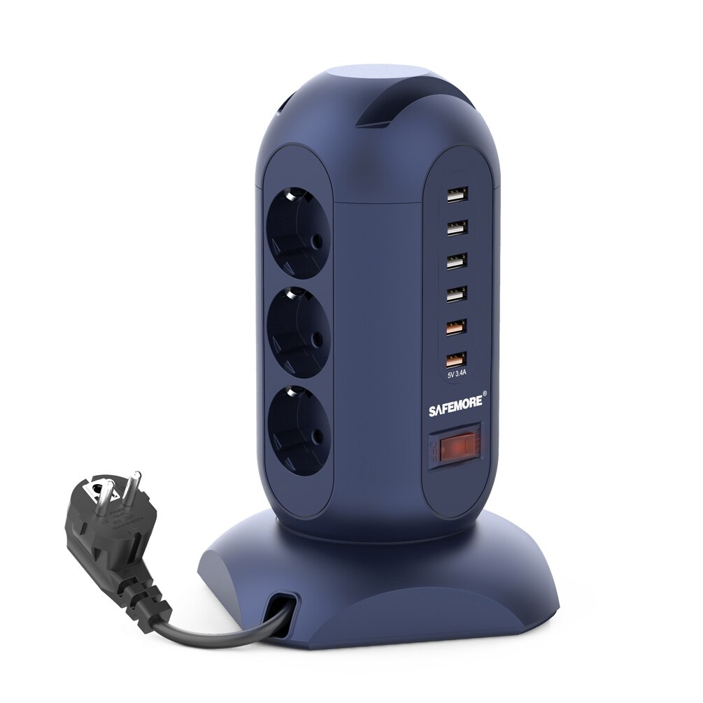 Dispozitiv multifunctional de incarcare SAFEMORE, 6 USB,9 AC, 2500W, 220-250V, 1.8 m, ABS, Negru