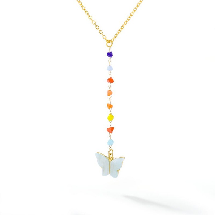 Lantisor la baza gatului cu pandantiv Fluture cu cristale multicolore din aliaj Auriu