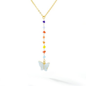 Lantisor la baza gatului cu pandantiv Fluture cu cristale multicolore din aliaj Auriu Lantisor la baza gatului cu pandantiv Fluture cu cristale multicolore din aliaj Auriu