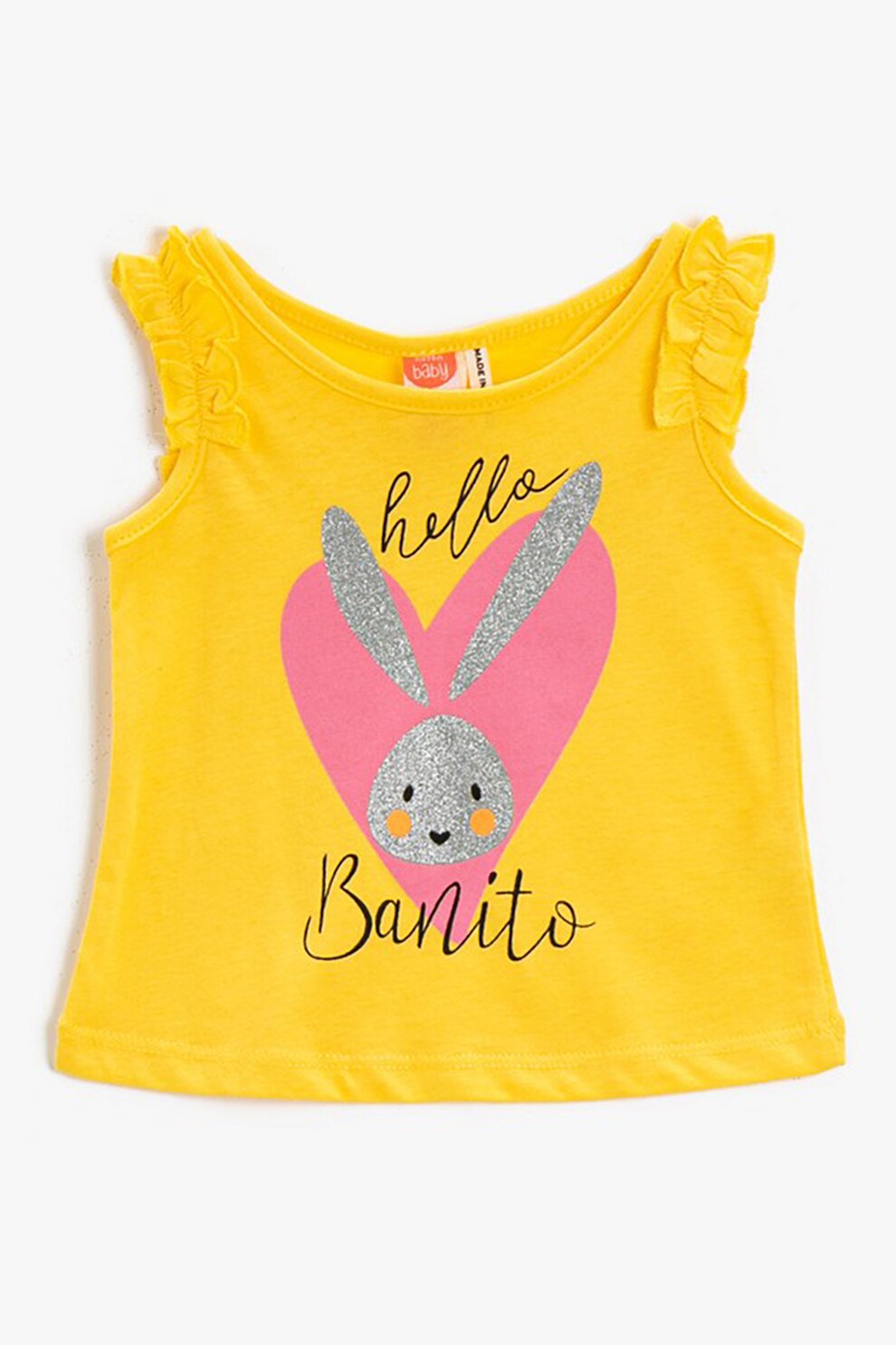 KOTON, Top cu imprimeu grafic si text, Galben sofran/roz/gri