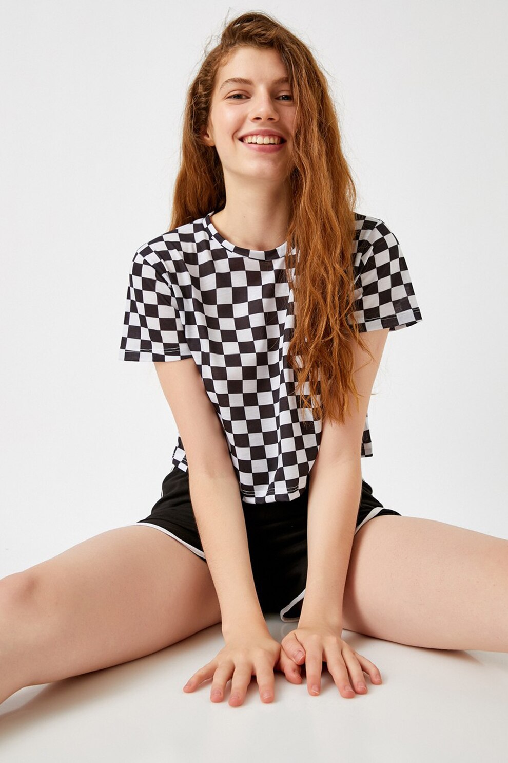 KOTON, Tricou crop cu model in carouri, Negru/Alb