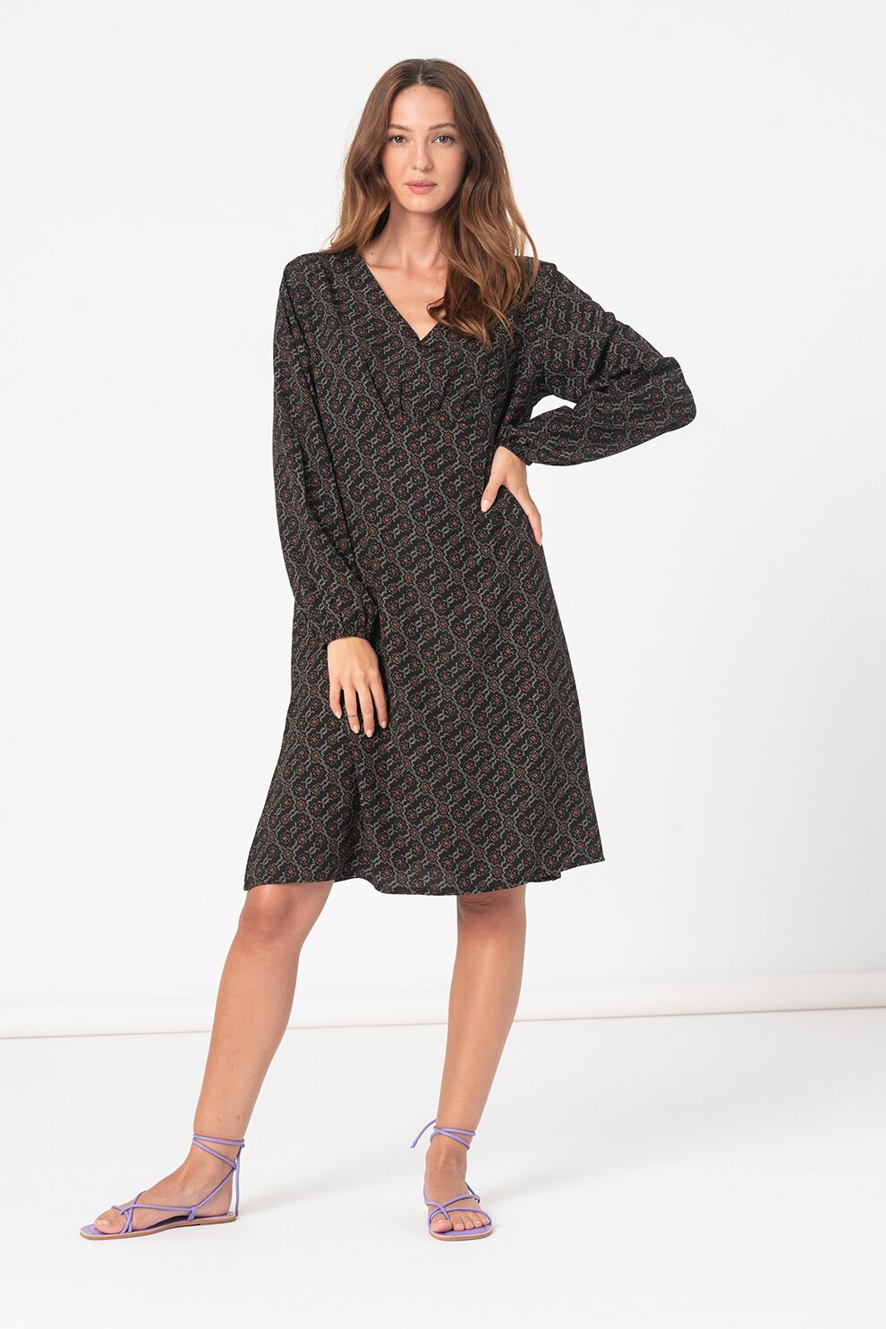 Zabaione, Rochie cu imprimeu si decolteu in V Cecile, Negru/Rosu/Alb