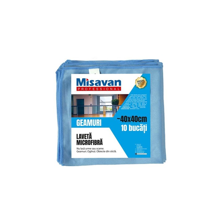 Set 10 Lavete din Microfibra pentru Geam Misavan Professional, 40x40 cm, Albastre