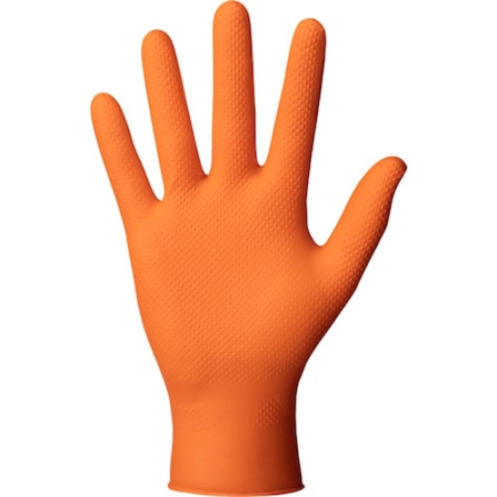 Set 50 bucati Manusi Mercator PowerGrip, Nitril, groase si rezistente, textura diamant, protectie la substante chimice, portocaliu, marimea M