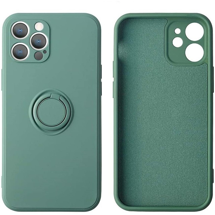 Husa protectie Flippy compatibila cu Apple iPhone 12 Mini Liquid Silicone Ring cu suport rotativ Verde