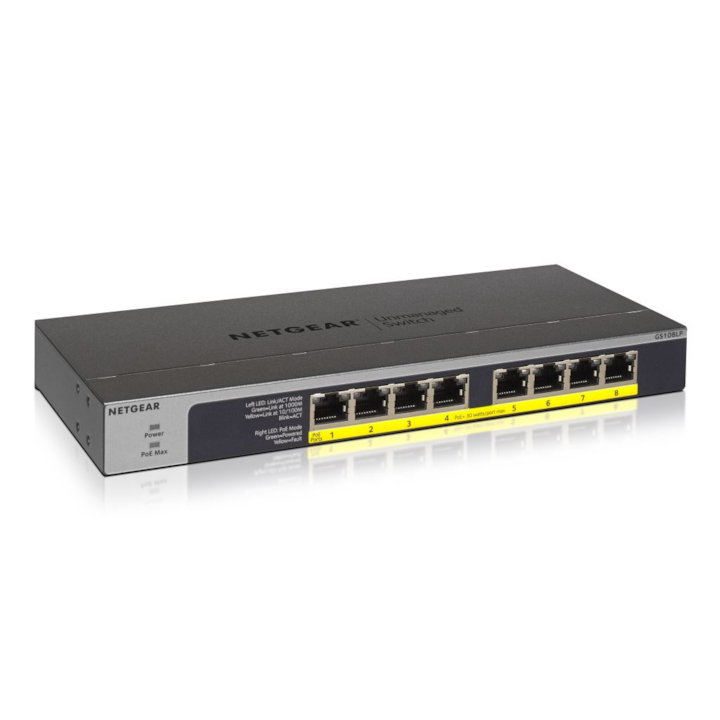 Суич Netgear GS108LP, 8x 10/100/1000 ProSafe Gigabit switch, 8x POE+ ports, (Up to 60W), Fanless, GS108LP-100EUS