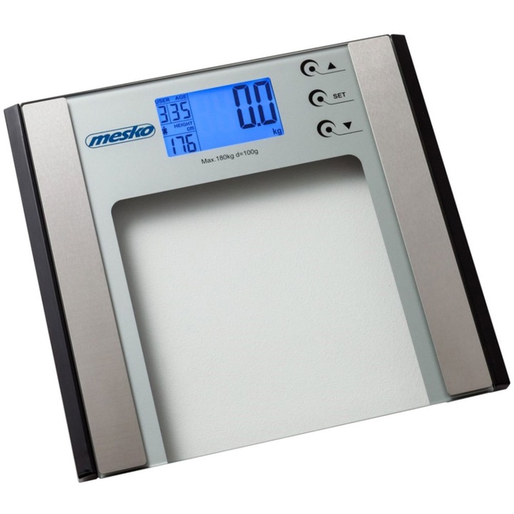 Дигитален кантар-анализатор mesko ms 8146, батерия, lcd екран, 180 кг, сребрист
