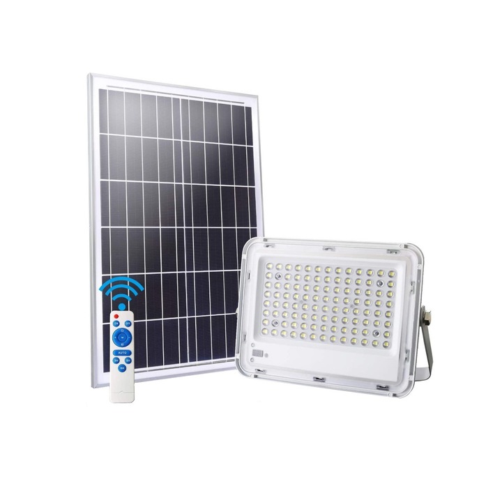Proiector LED cu panou solar si telecomanda, 100 W, Autonomie 10 h, 9500 lm, Durata de functionare 50.000 h, Alb