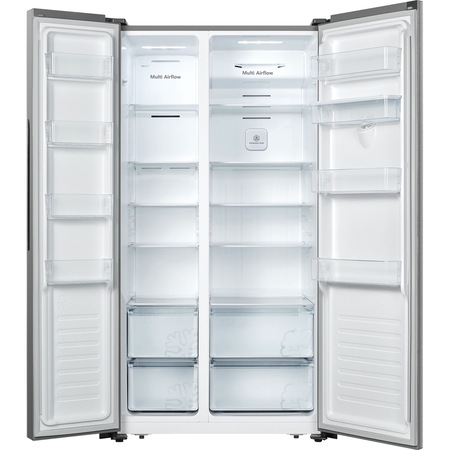 Side by side Heinner HSBS-520NFXWDF+, 519l, Clasa F, Full No Frost, Dozator de apa, Display touch, Functie AI, H 178.6 cm, Argintiu