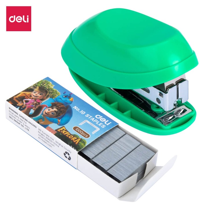 Телбод за хартия и телбод #10/1000 бр. DELI, Пластмасово тяло, 25 mm, Капацитет на телбод 12 листа, Зелен