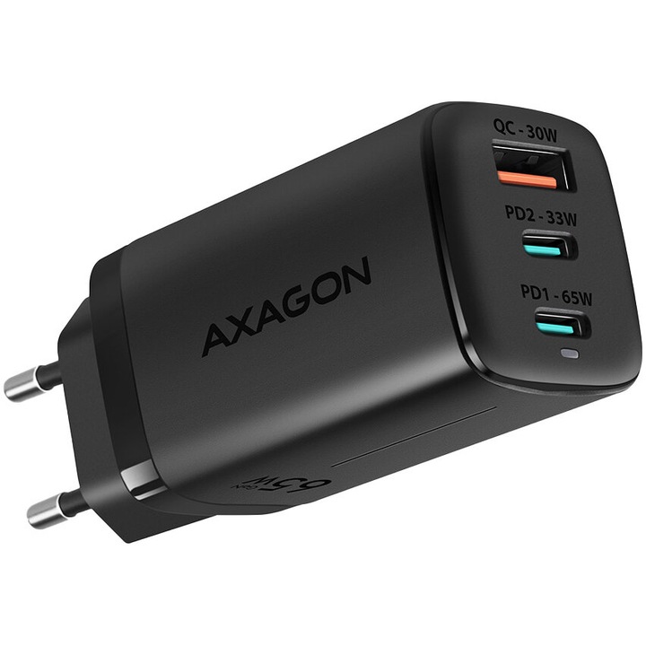Мрежово зарядно устройство AXAGON, ACU-DPQ65 GaN, QC 3.0, 65W, черно
