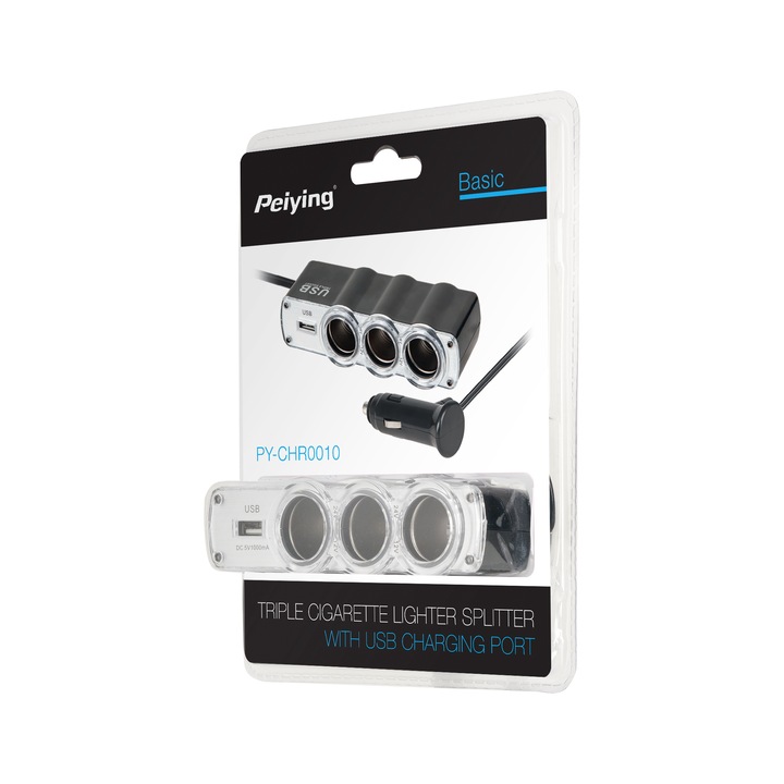 Splitter bricheta auto x3 cu usb si cablu peiying
