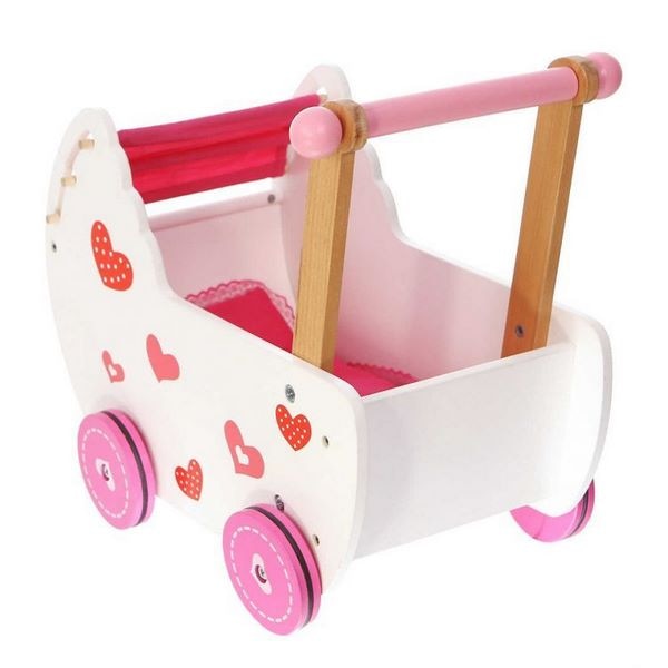 Carucior pentru papusi, Roti antialunecare, Din lemn, Multicolor