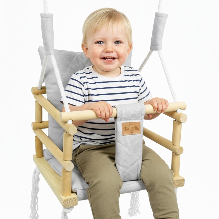 Leagan de copii si bebelusi, 3 in 1, Leagan cu platforma din lemn, pentru interior si exterior, 34 x 34, 70 cm, BlueKitty - Gri deschis II