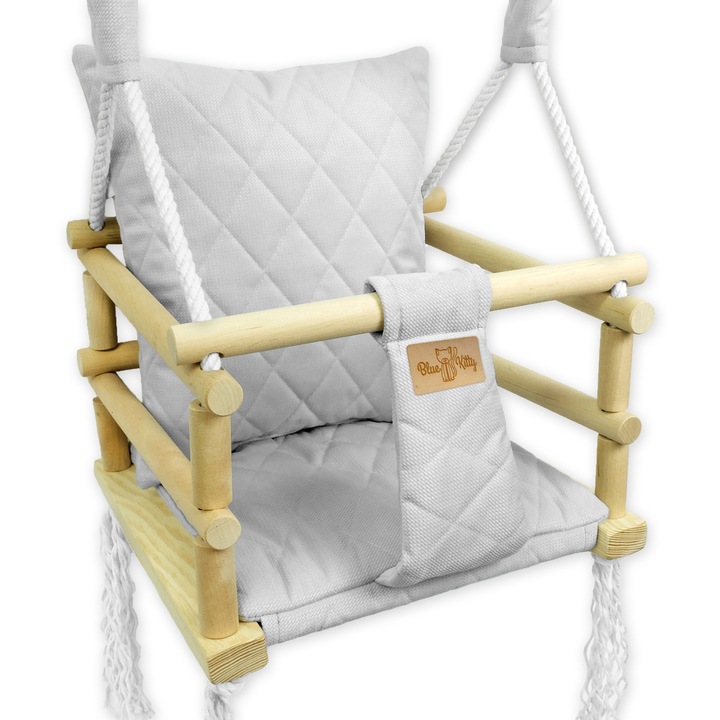 Leagan de copii si bebelusi, 3 in 1, Leagan cu platforma din lemn, pentru interior si exterior, 34 x 34, 70 cm, BlueKitty - Gri deschis