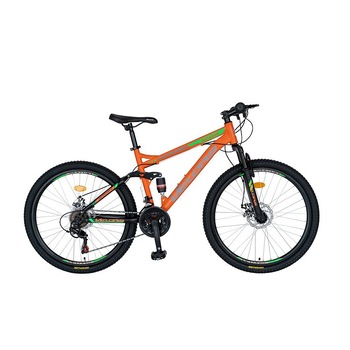 Bicicleta MTB de munte VELORS Matador JSX2660, Shimano, suspensie fata/spate GENIUS, roata 26 inch, frane pe disc, 21 VITEZE, portocaliu cu negru Bicicleta MTB de munte VELORS Matador JSX2660, Shimano, suspensie fata/spate GENIUS, roata 26 inch, frane pe disc, 21 VITEZE, portocaliu cu negru
