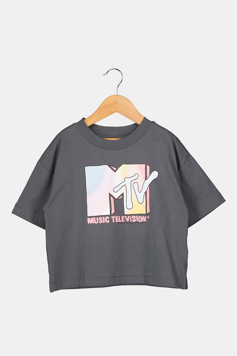 GAP, Tricou cu umeri cazuti si imprimeu grafic, Gri inchis/Roz/Galben