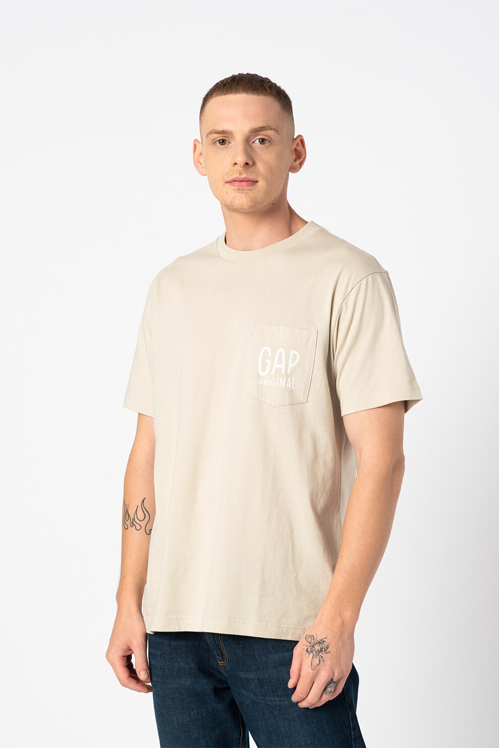GAP, Tricou cu decolteu la baza gatului si buzunar pe piept, Crem