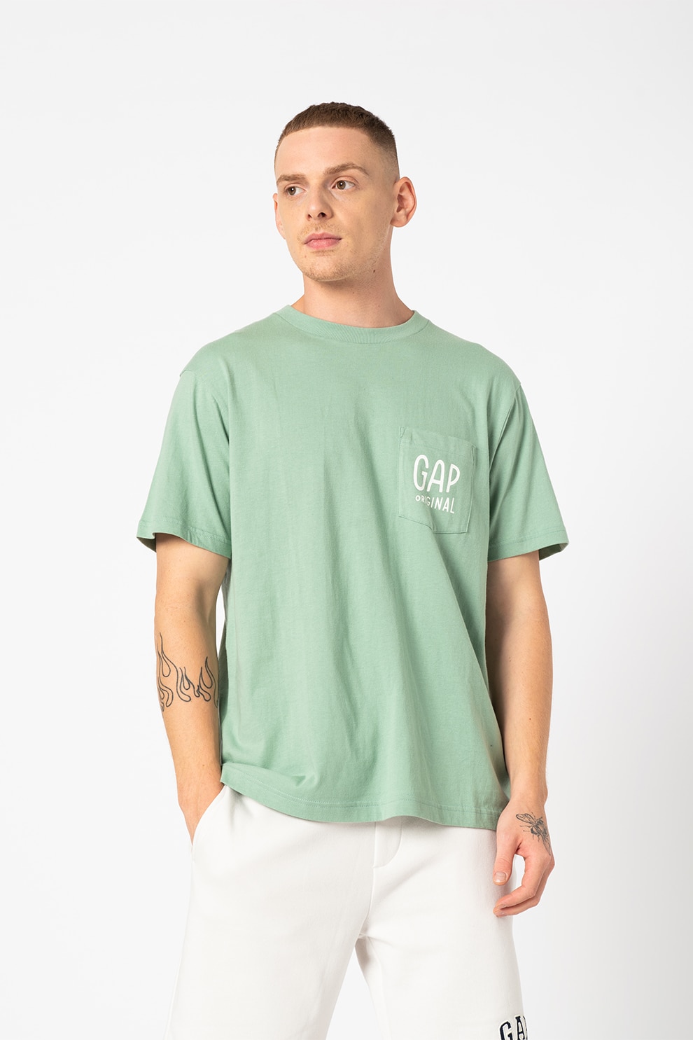 GAP, Tricou cu decolteu la baza gatului si buzunar pe piept, Verde fistic