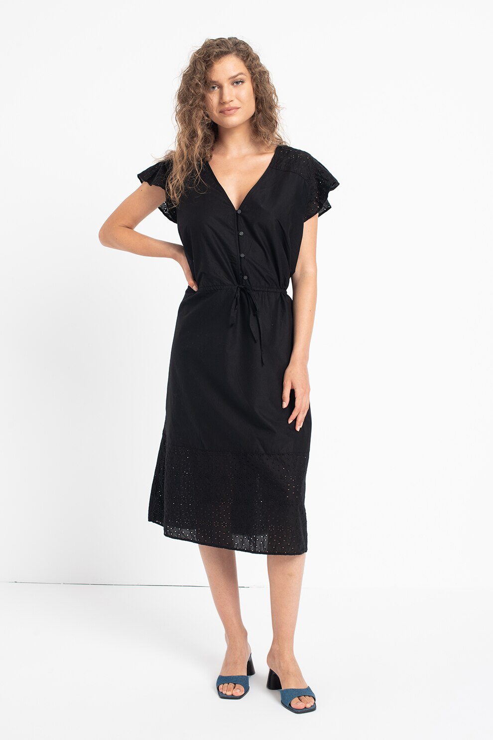 GAP, Rochie midi cu decolteu in V si model cu perforatii, Negru