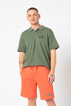 GAP, Tricou polo slim fit din material pique cu broderie logo, Verde feriga