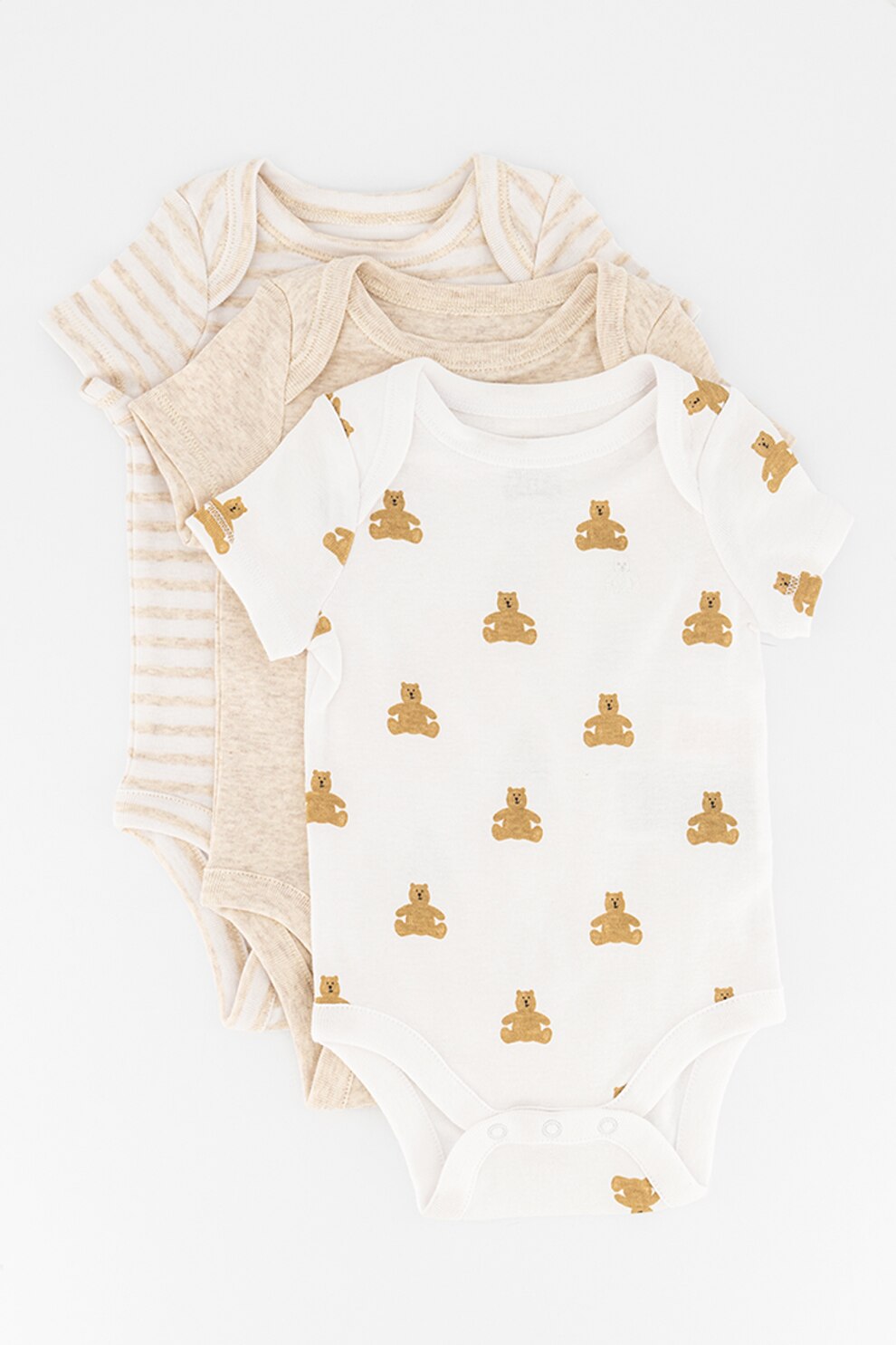 GAP, Set de body-uri din bumbac organic - 3 piese, Alb/maro deschis melange