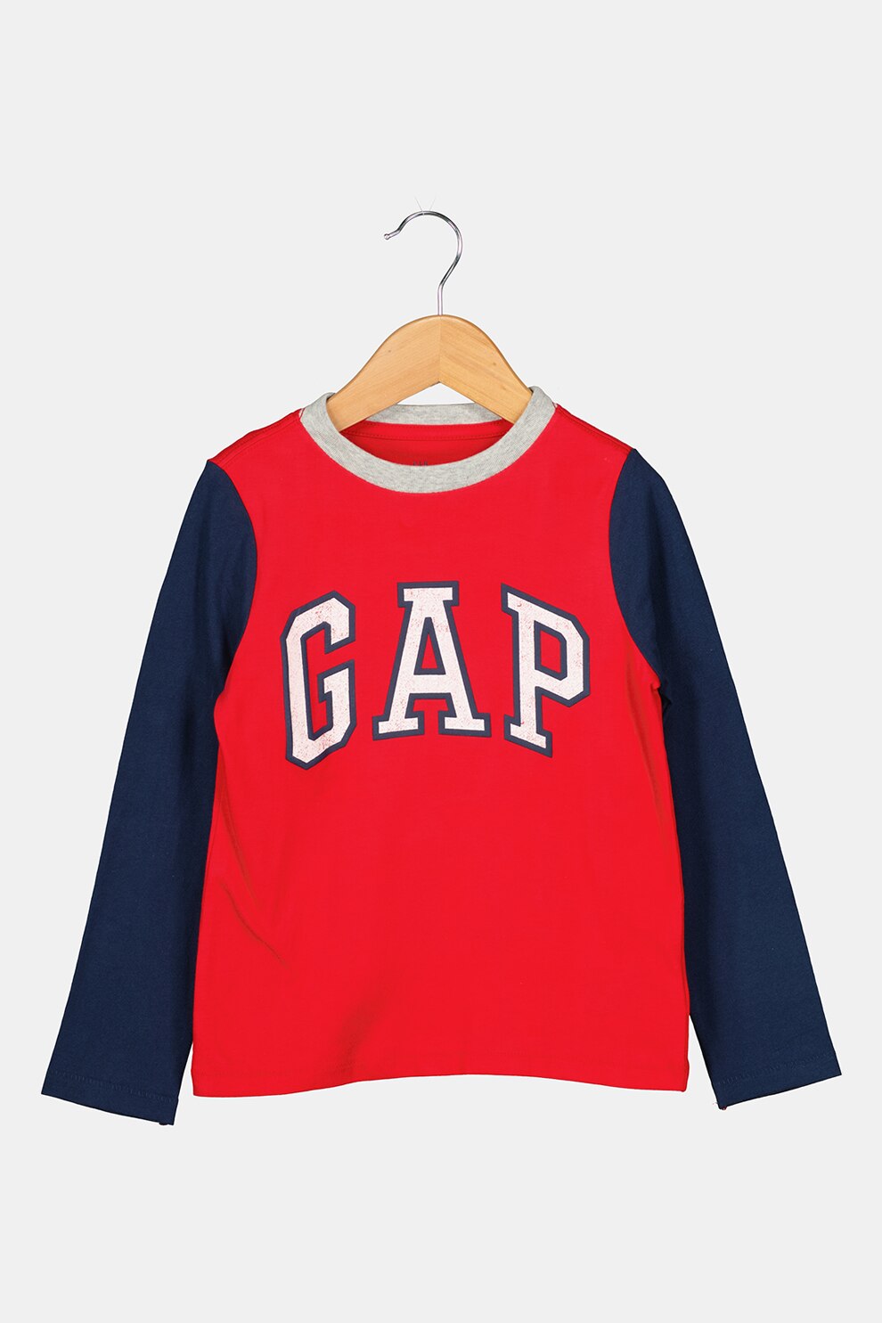 GAP, Bluza cu decolteu la baza gatului si imprimeu logo, Rosu/Bleumarin/Alb