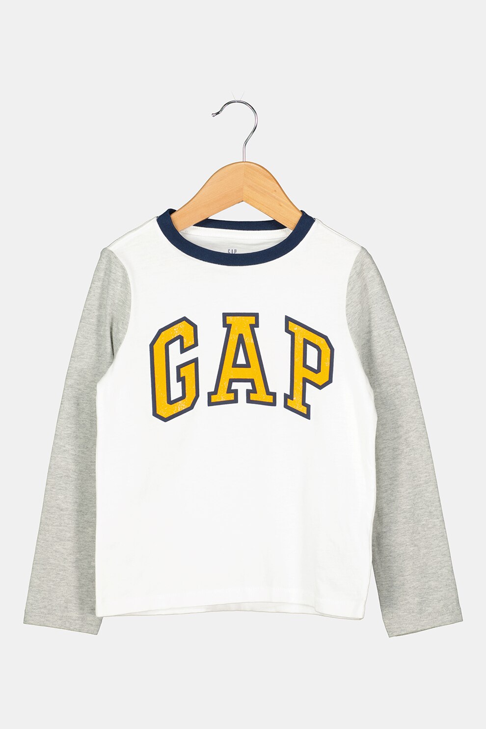 GAP, Bluza cu decolteu la baza gatului si imprimeu logo, Alb/Gri melange/Bleumarin