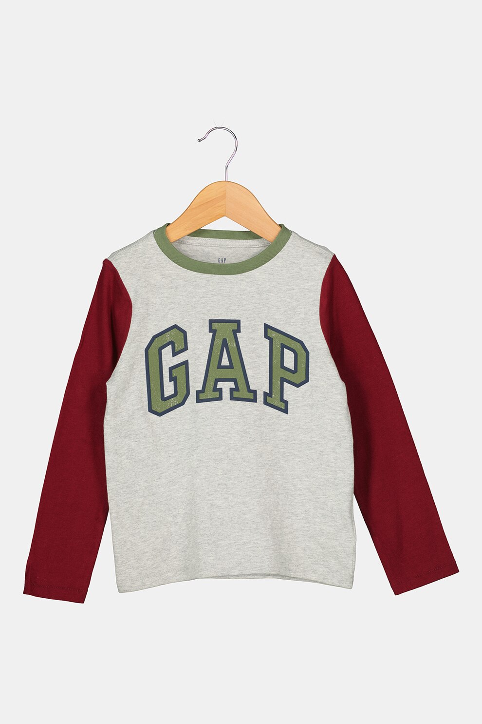 GAP, Bluza cu decolteu la baza gatului si imprimeu logo, Gri melange/violet aubergine/verde militar