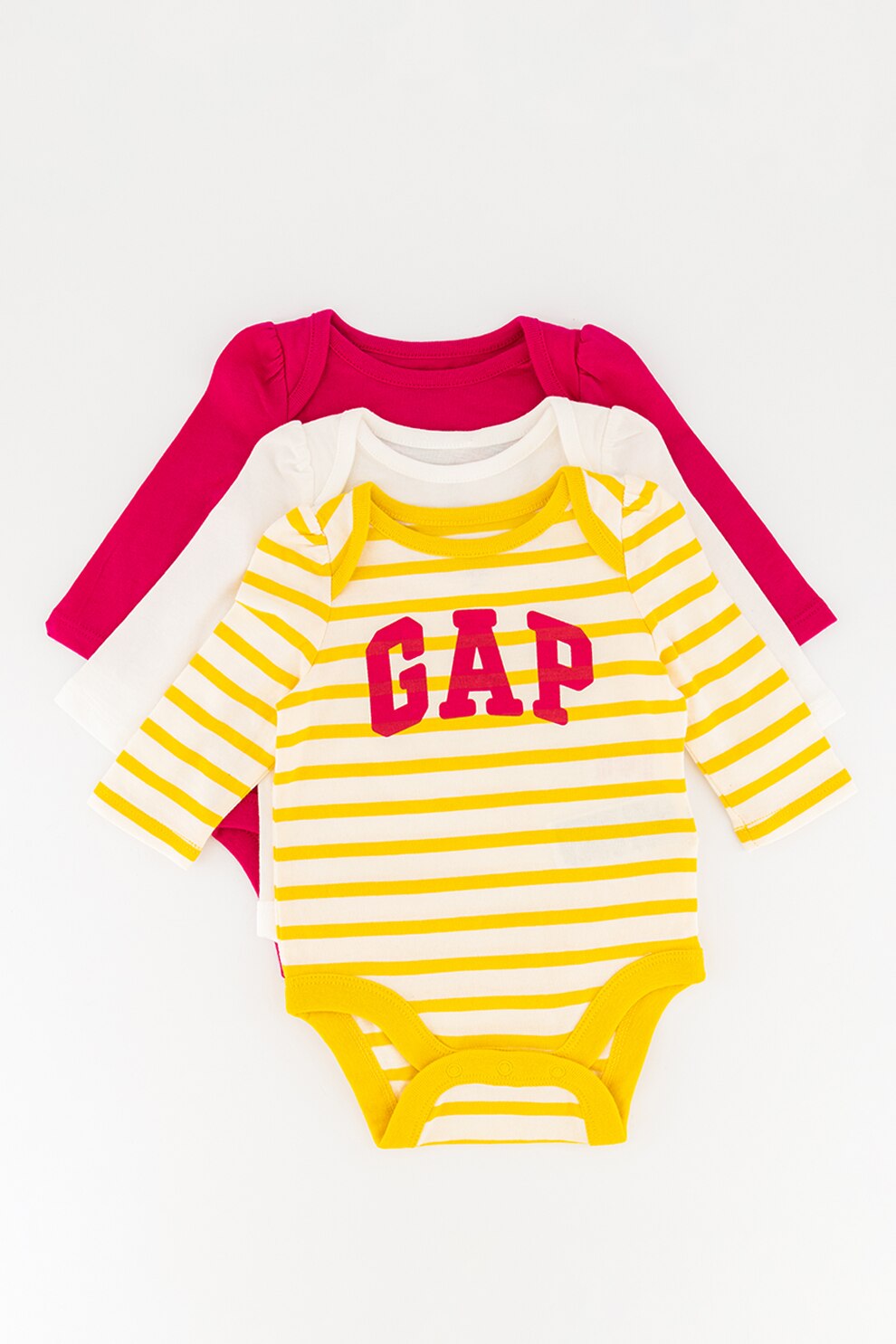 GAP, Set de body-uri cu imprimeu - 3 piese, Roz aprins/alb/galben
