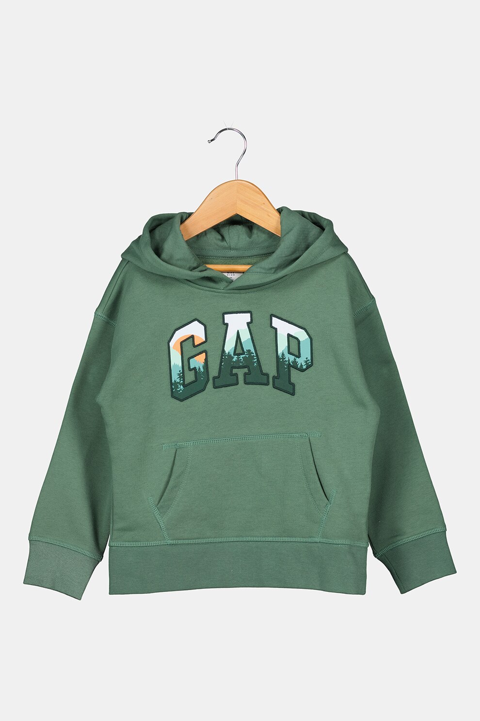 GAP, Hanorac cu imprimeu grafic si buzunar kangaroo, Verde feriga/Alb