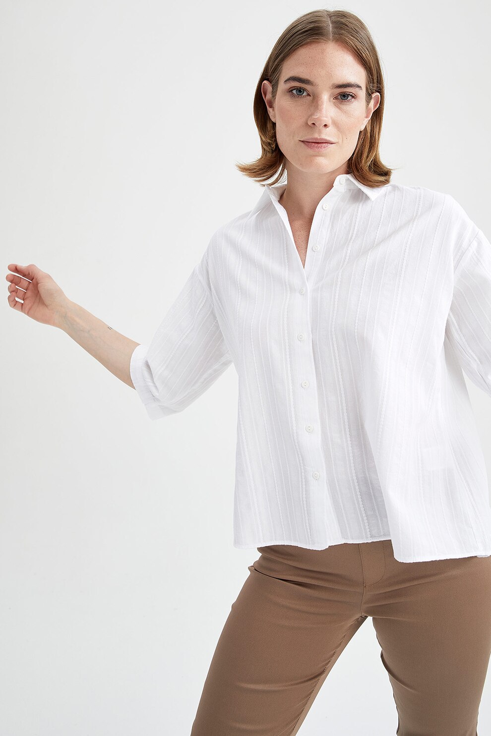 DeFacto, Camasa de bumbac cu maneci medii, Alb