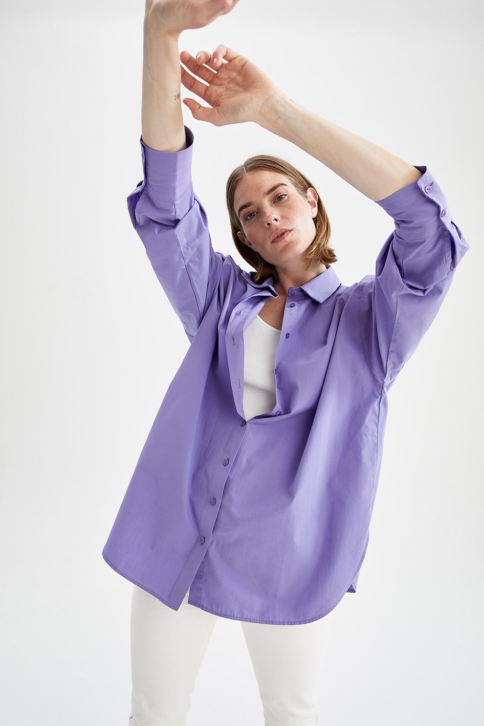 DeFacto, Camasa supradimensionata de bumbac cu maneci cazute, Ametist
