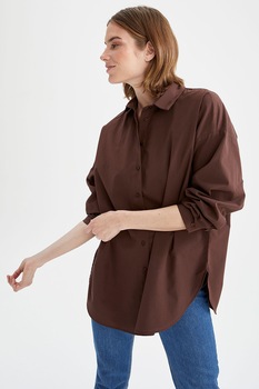 DeFacto, Camasa supradimensionata de bumbac cu maneci cazute, Coniac DeFacto, Camasa supradimensionata de bumbac cu maneci cazute, Coniac