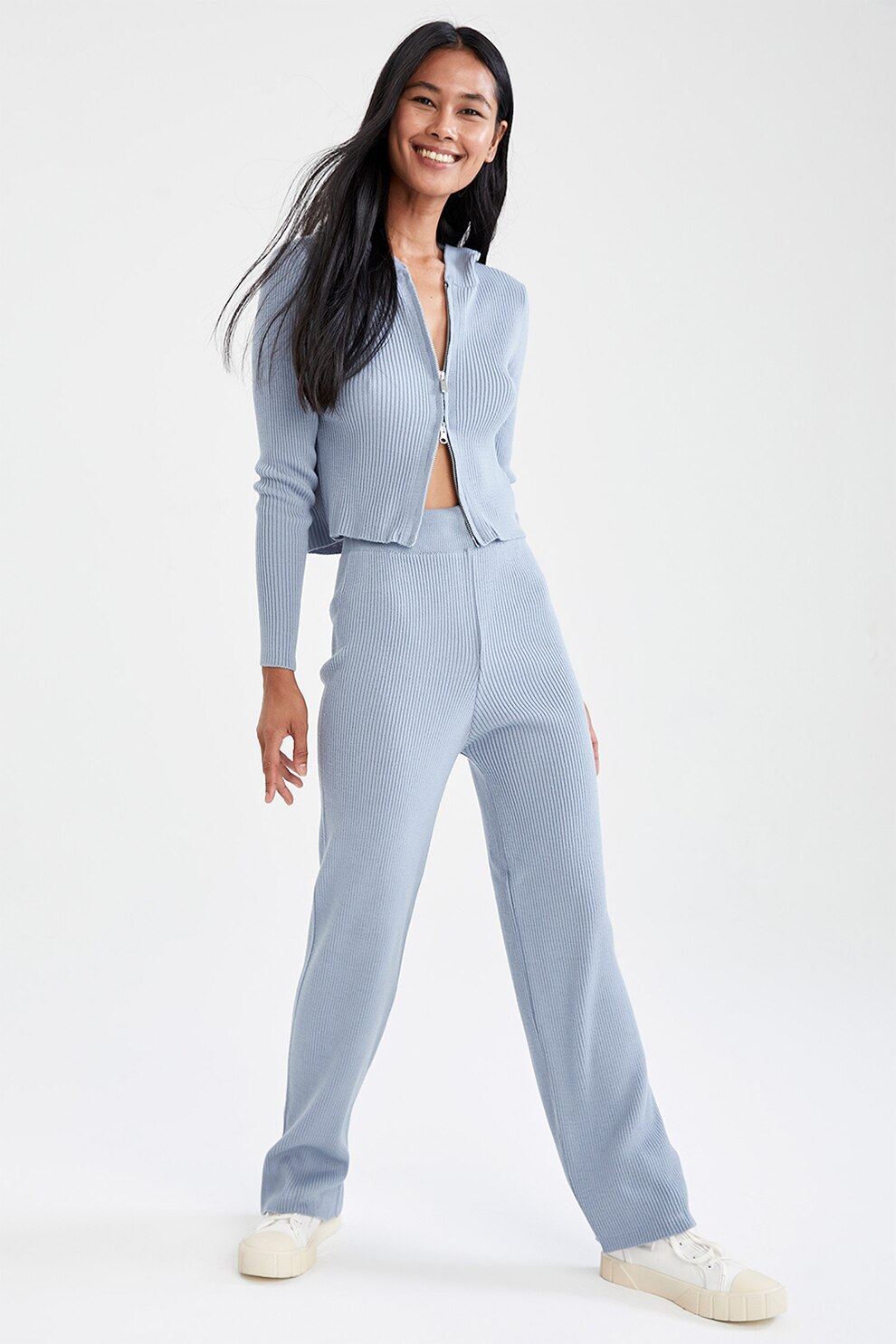 DeFacto, Pantaloni striati cu talie inalta, Albastru deschis