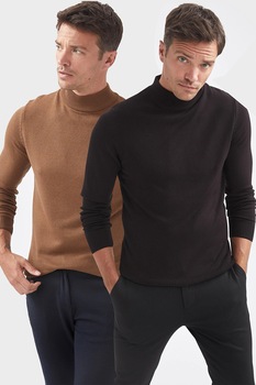 DeFacto, Set de pulovere tricotate fin - 2 piese, Maro camel/Negru DeFacto, Set de pulovere tricotate fin - 2 piese, Maro camel/Negru