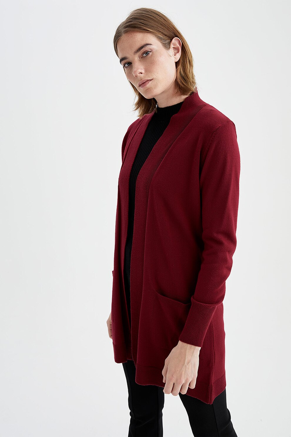 DeFacto, Cardigan lung fara inchidere cu buzunare aplicate, Visiniu